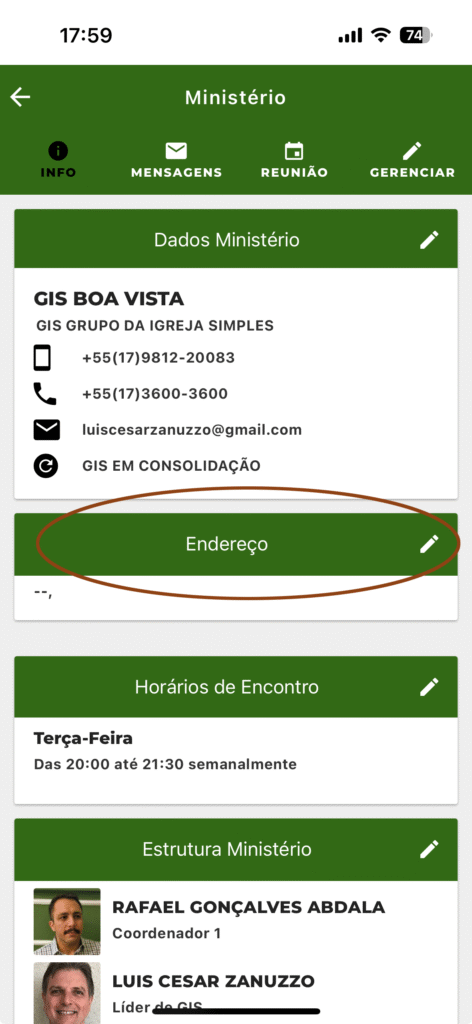 A tela de informação da localização da reunião do GIS, no aplicativo da igreja.