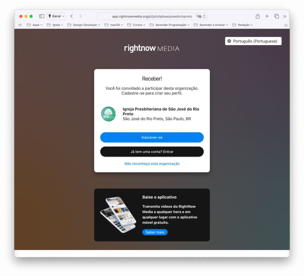 Tela para inscrição (criação de conta) no Rightnow Media.