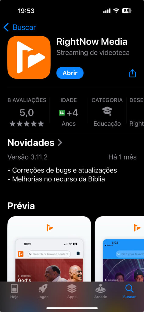 O aplicativo Rightnow Media na App Store (para iPhone e iPad).