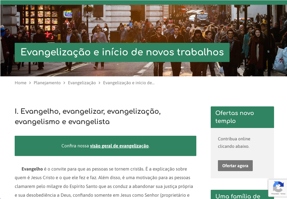 A página do site da igreja, sobre evangelização e novos trabalhos.